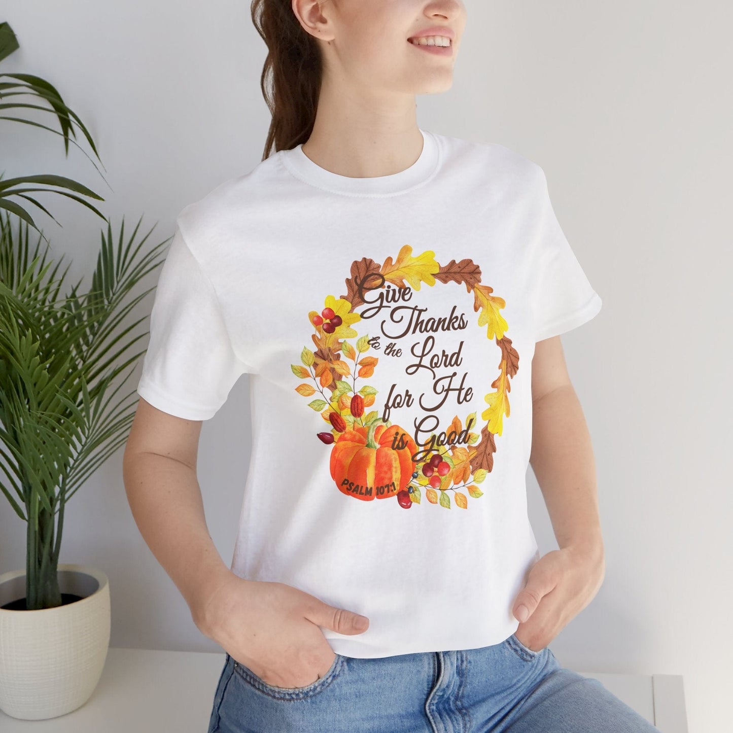 Give Thanks to the Lord Fall Wreath T-Shirt | Autumn Christian Apparel Inspired by Psalm 107:1