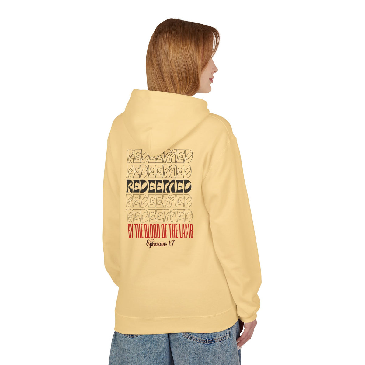 Redeemed by the Blood Unisex Christian Premium Hoodie | Ephesians 1:7 Bible Verse Hoodie