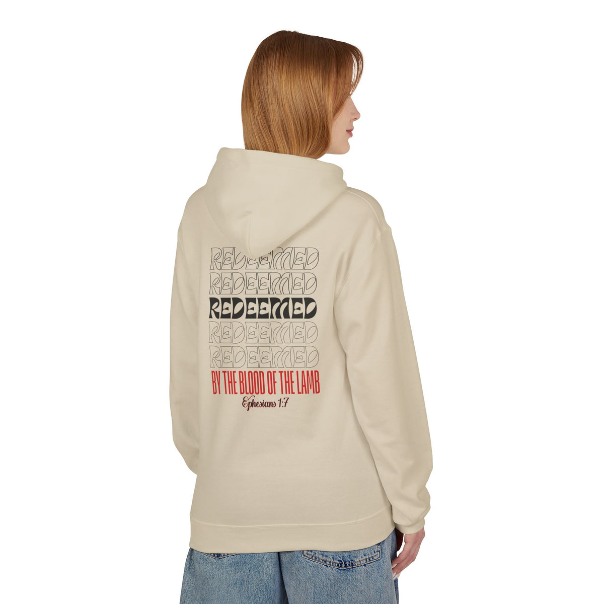 Redeemed by the Blood Unisex Christian Premium Hoodie | Ephesians 1:7 Bible Verse Hoodie