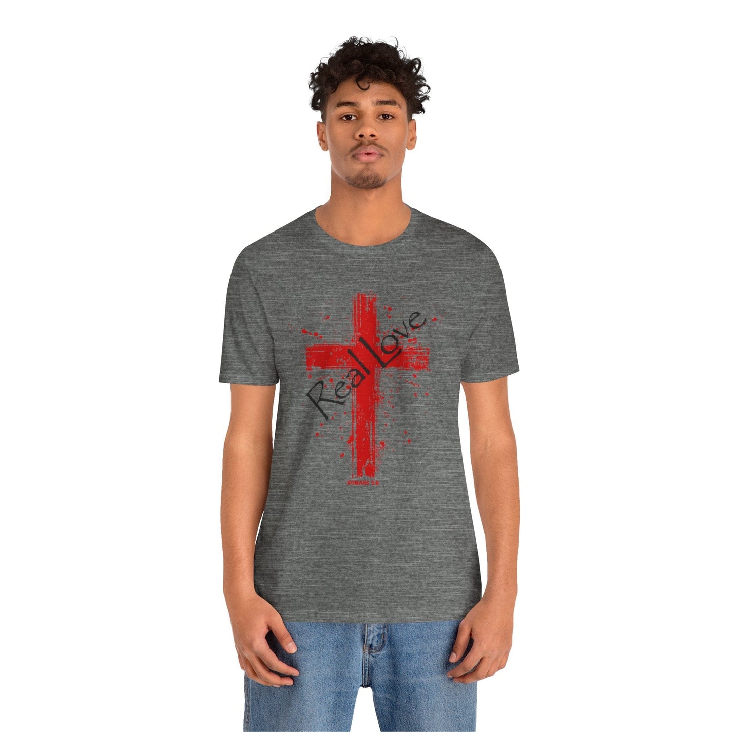 Real Love Bella Canvas Cross T-Shirt | Romans 5:8 Scripture Art Tee