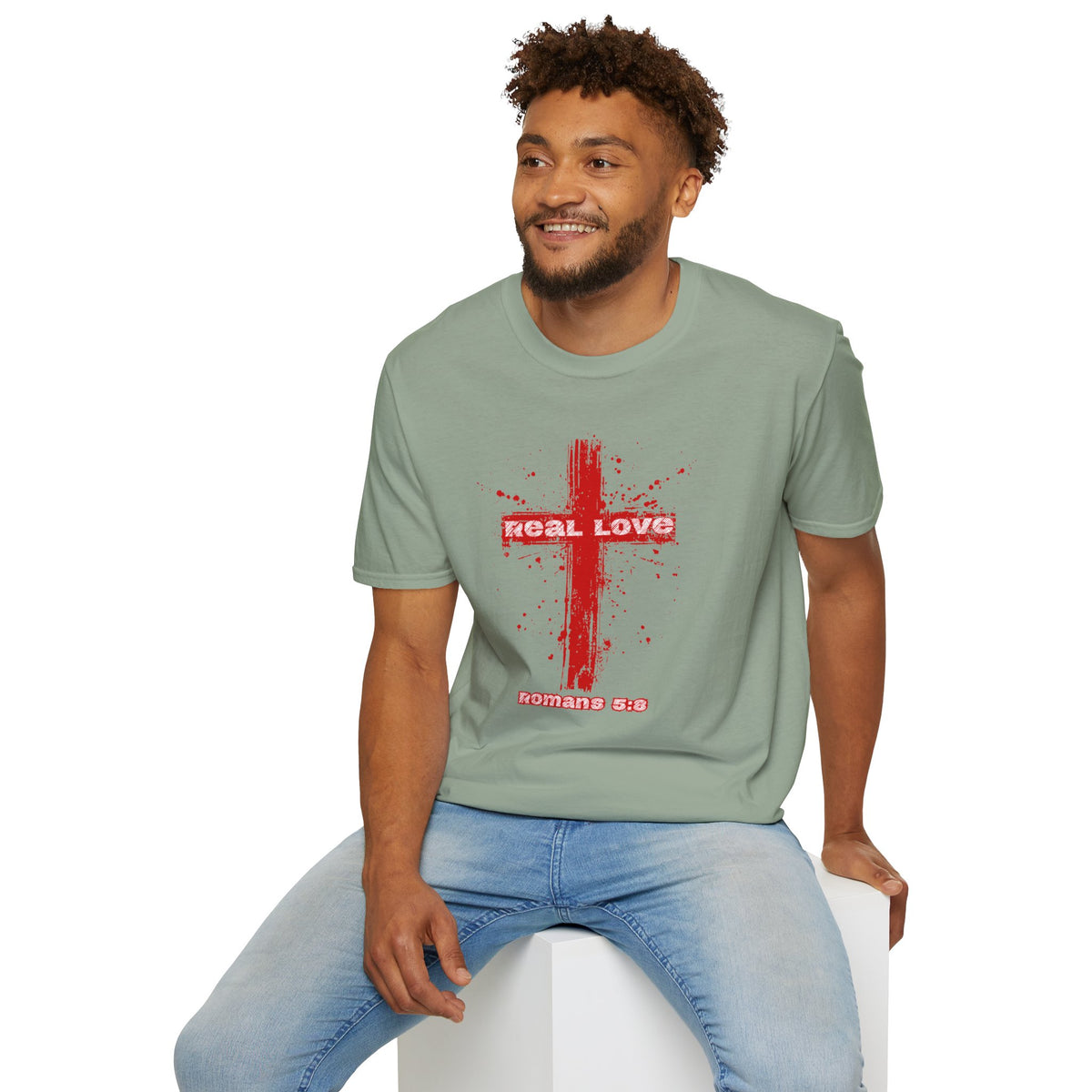 Real Love Gildan Softstyle Cross T-Shirt | Romans 5:8 Unisex Scripture Art Tee