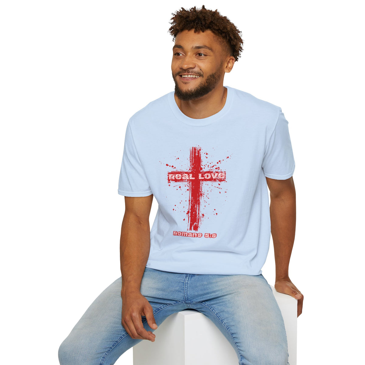Real Love Gildan Softstyle Cross T-Shirt | Romans 5:8 Unisex Scripture Art Tee