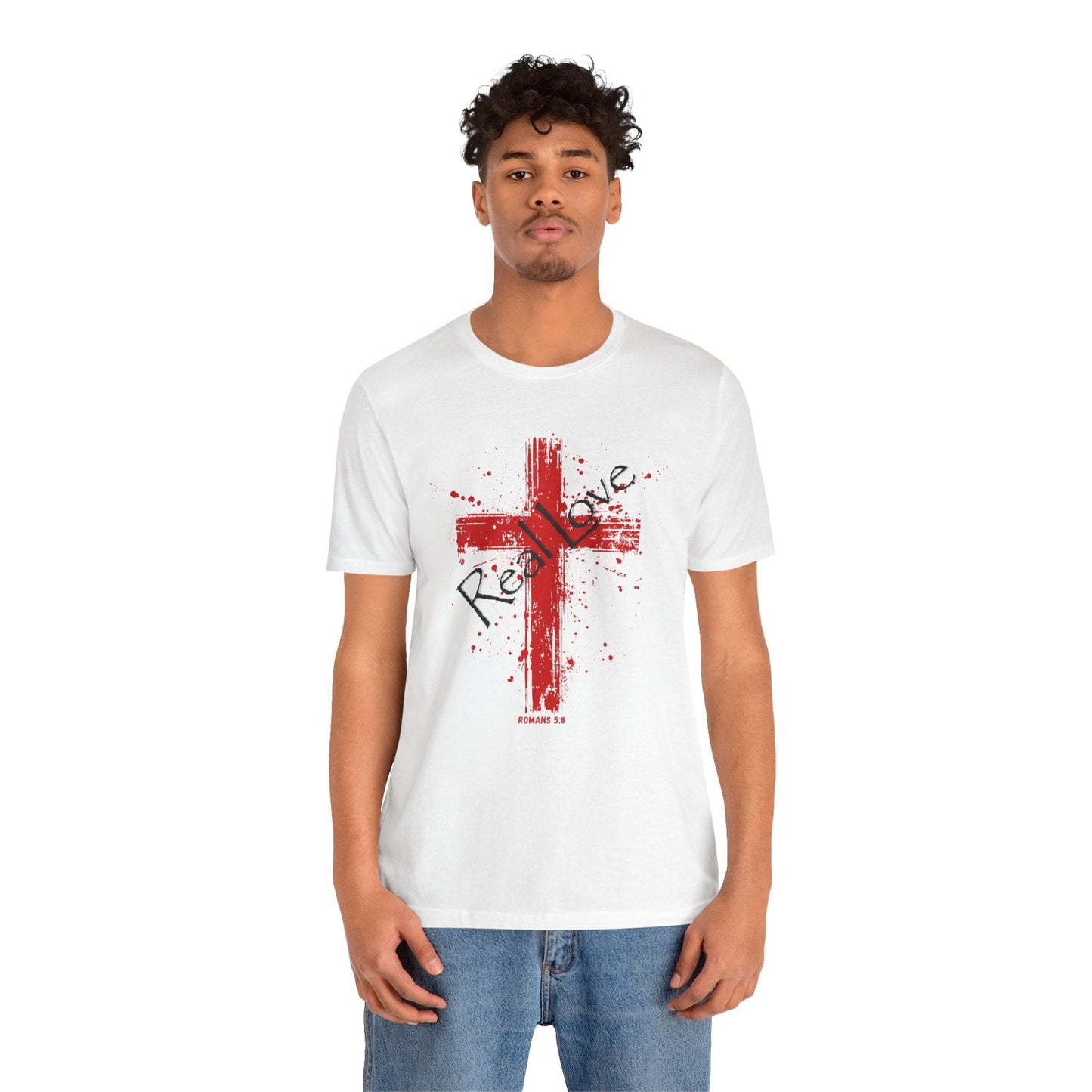 Real Love Bella Canvas Cross T-Shirt | Romans 5:8 Scripture Art Tee