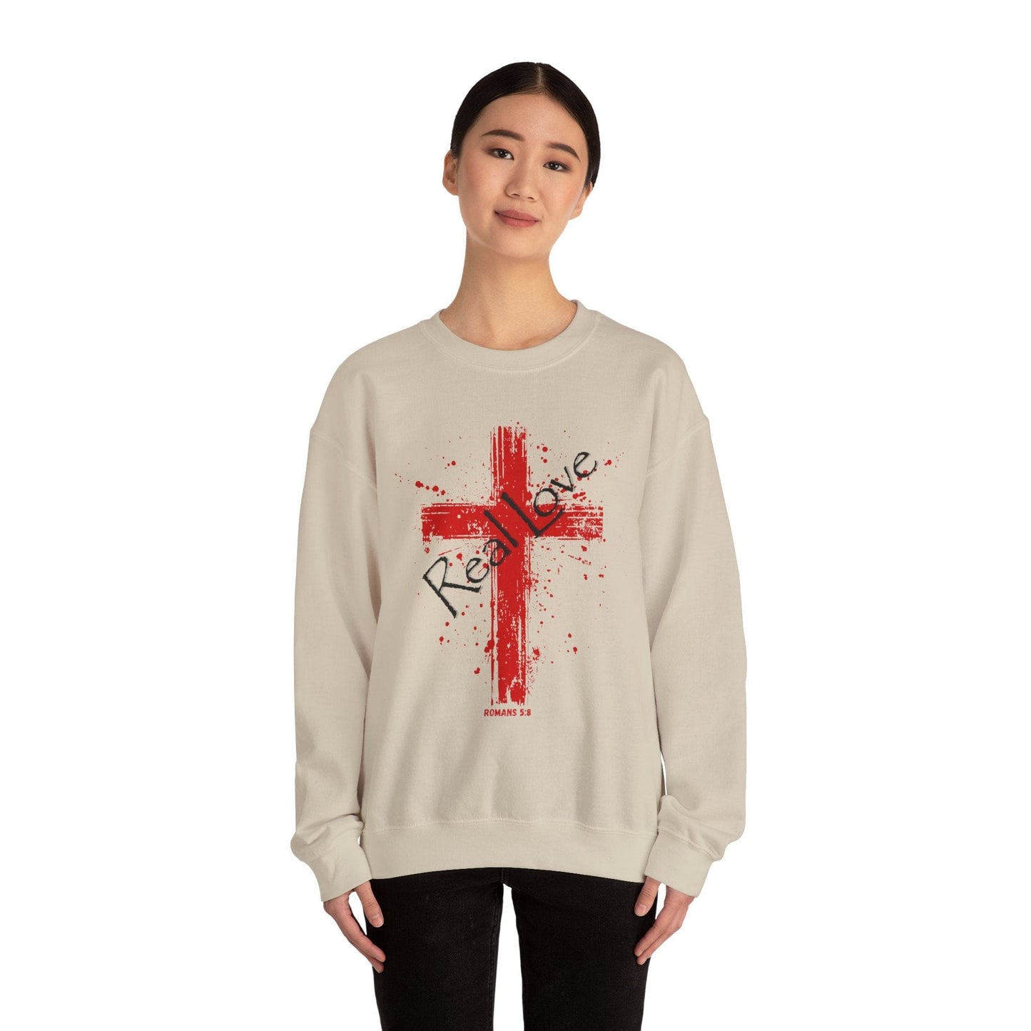 Real Love Christian Cross Sweatshirt | Romans 5:8  Unisex Bible Verse Art