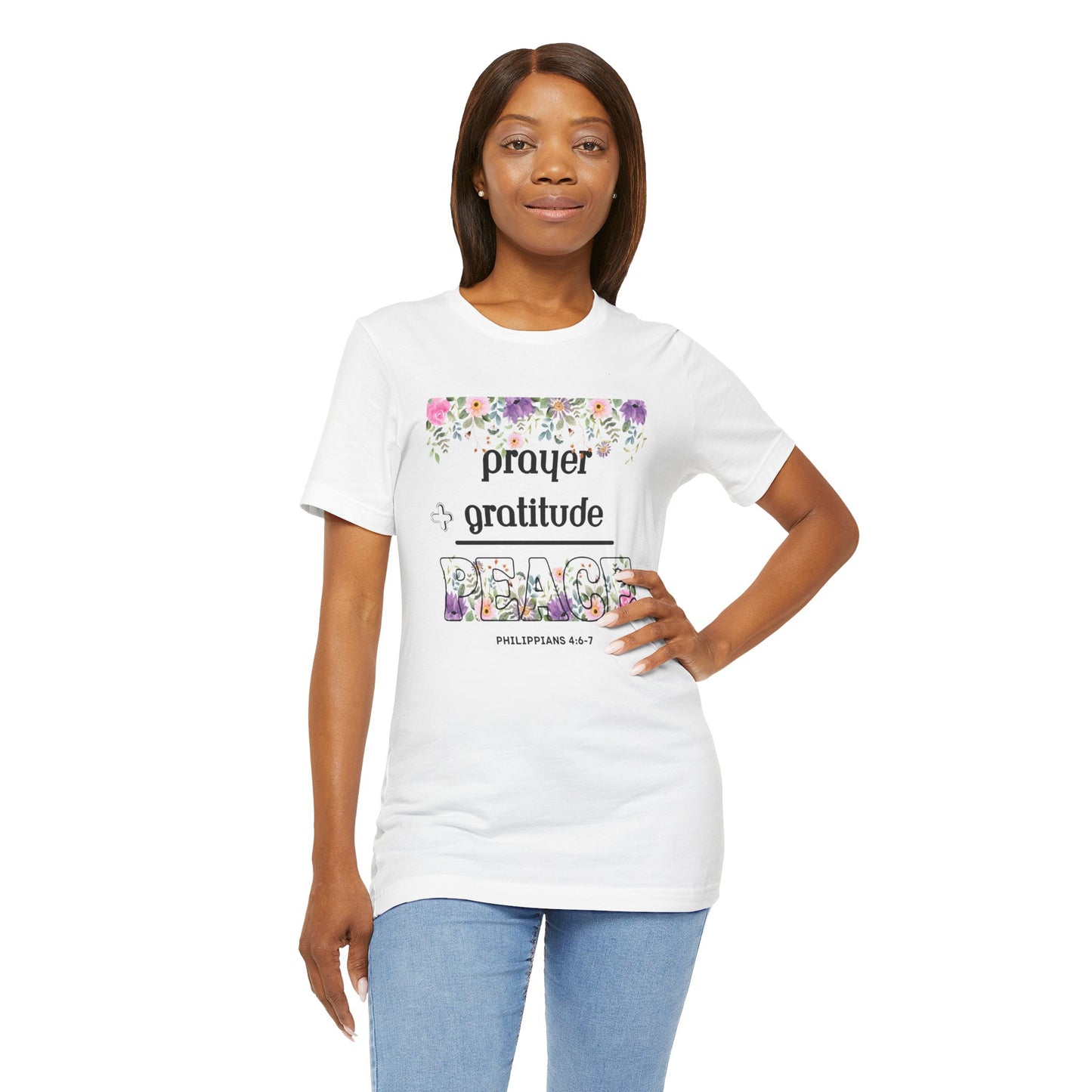 Prayer Plus Gratitude Equals Peace Bella Canvas T-Shirt | Philippians 4:6-7 Scripture Art Tee