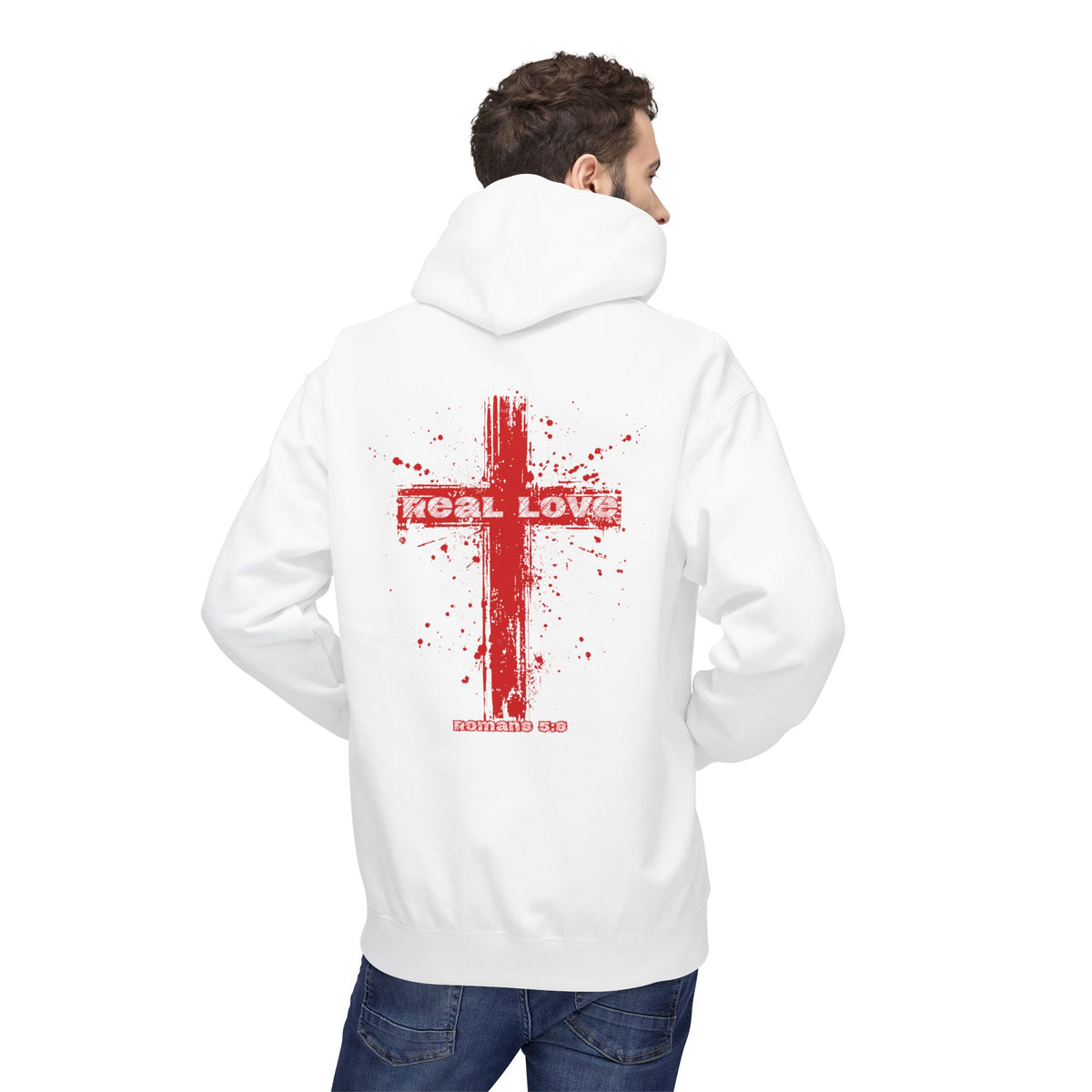 Real Love Christian Cross Premium Hoodie | Romans 5:8 Faith Wear Sweatshirt
