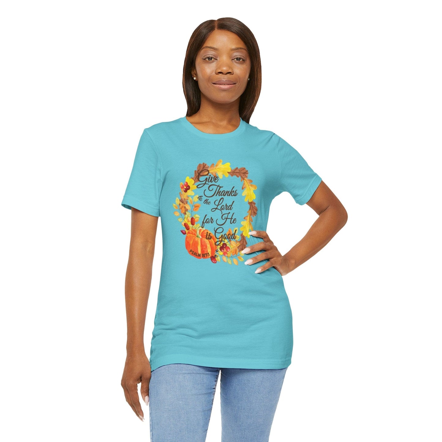 Give Thanks to the Lord Fall Wreath T-Shirt | Autumn Christian Apparel Inspired by Psalm 107:1