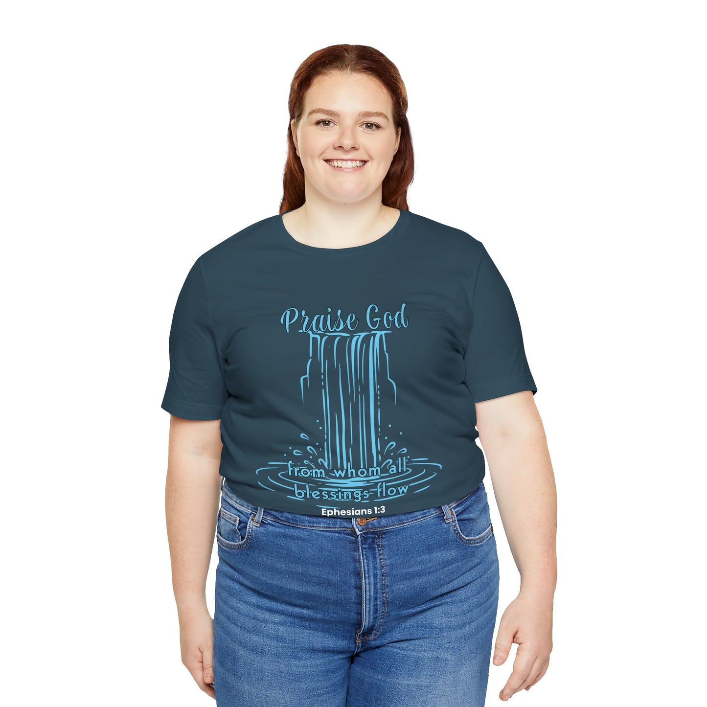 Praise God Blessings Flow Bella Canvas T-Shirt | Ephesians 1:3 & James 1:17 Minimalist Tee