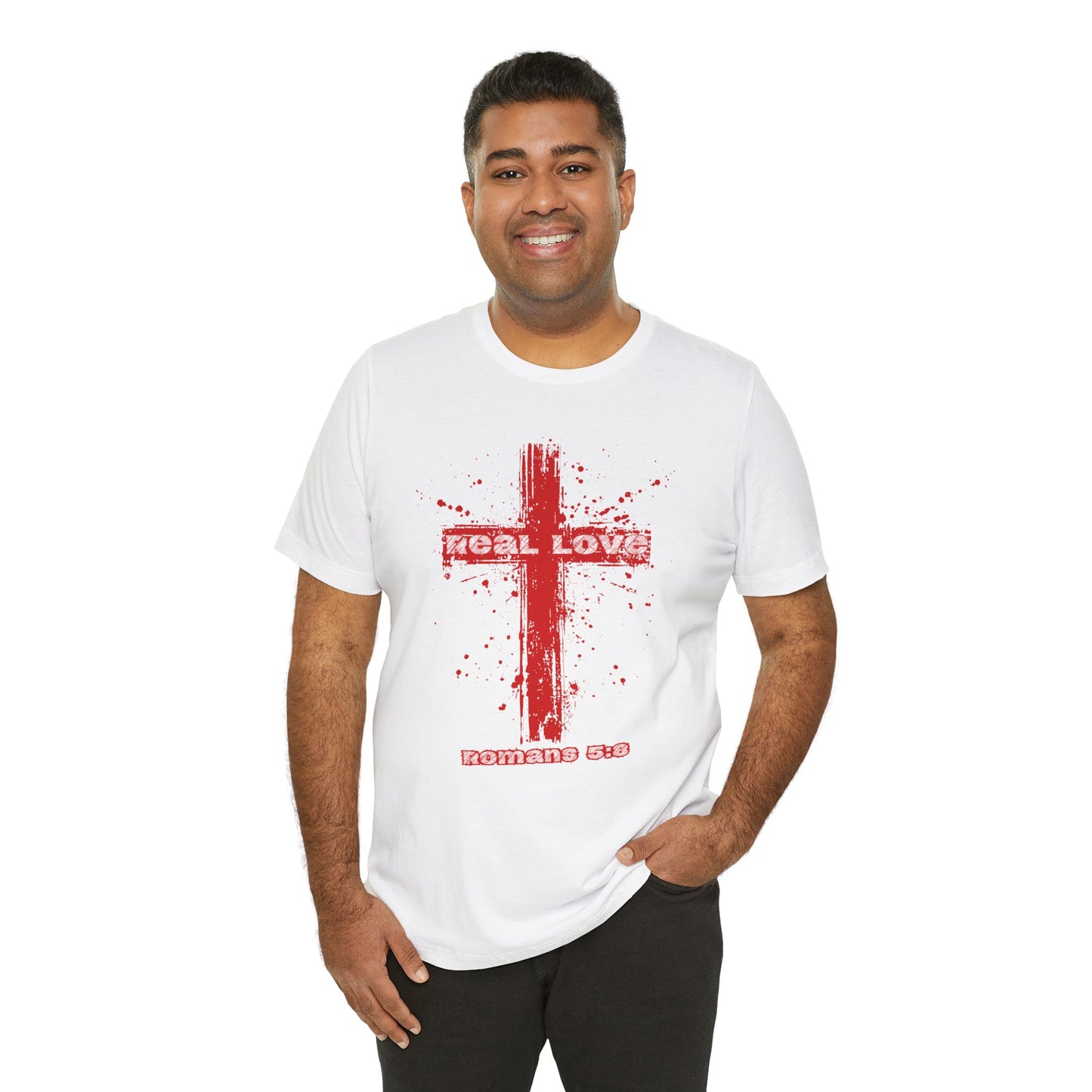 Real Love Bella Canvas Cross T-Shirt | Romans 5:8 Scripture Art Tee