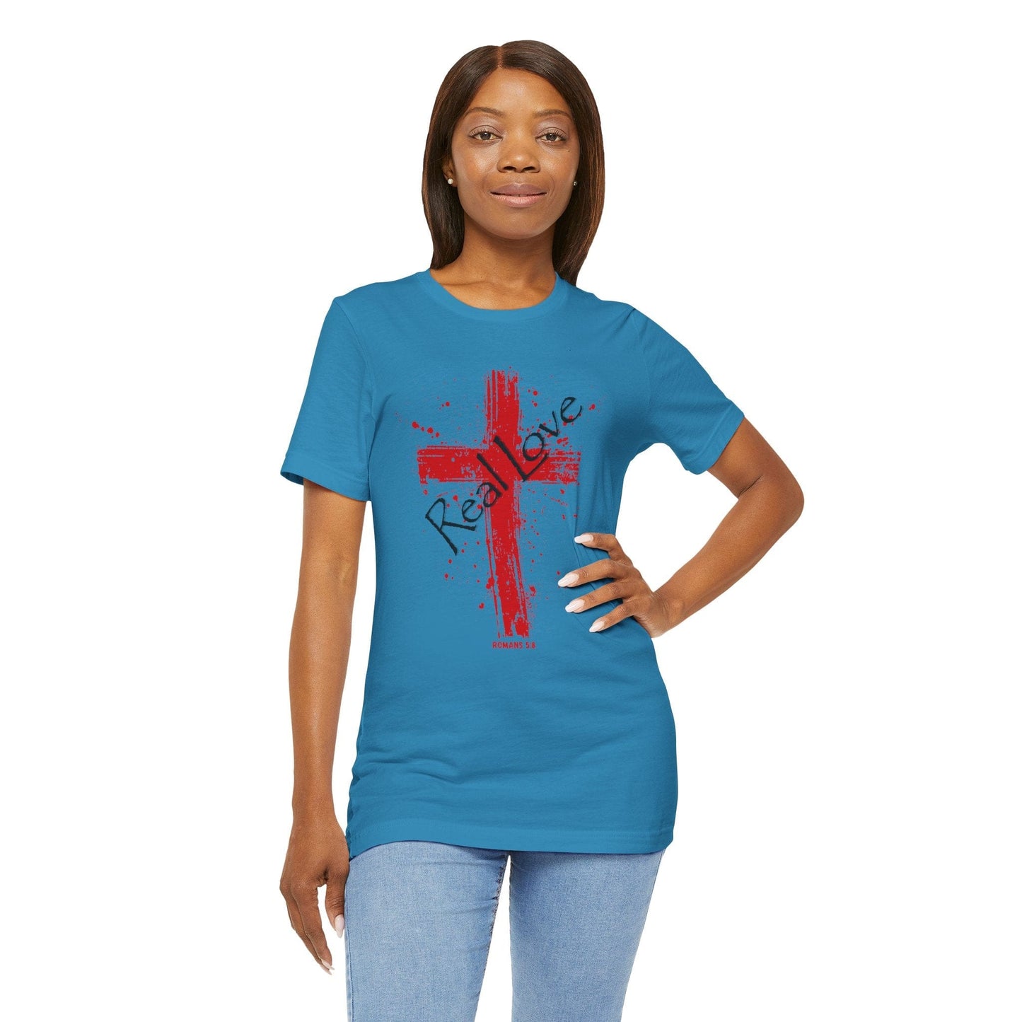Real Love Bella Canvas Cross T-Shirt | Romans 5:8 Scripture Art Tee