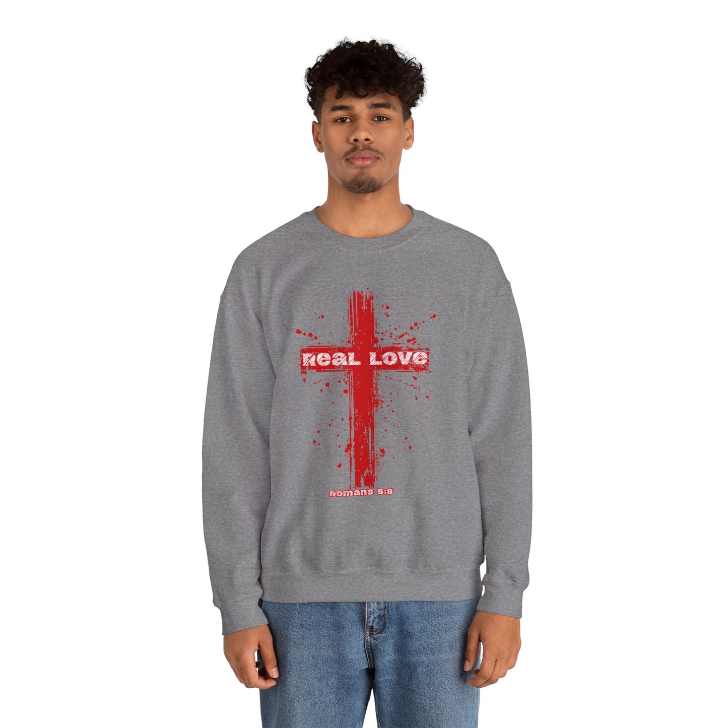 Real Love Christian Cross Sweatshirt | Romans 5:8 Crewneck Pullover