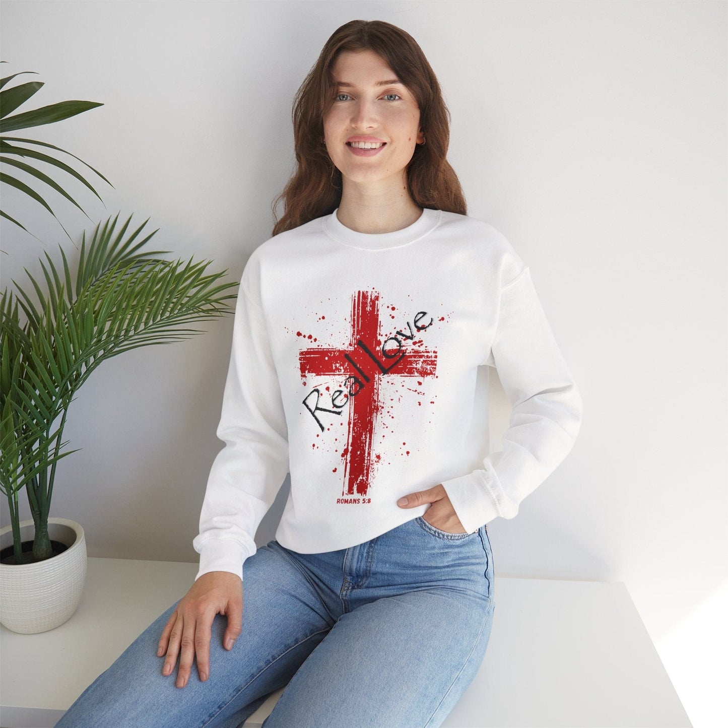Real Love Christian Cross Sweatshirt | Romans 5:8  Unisex Bible Verse Art