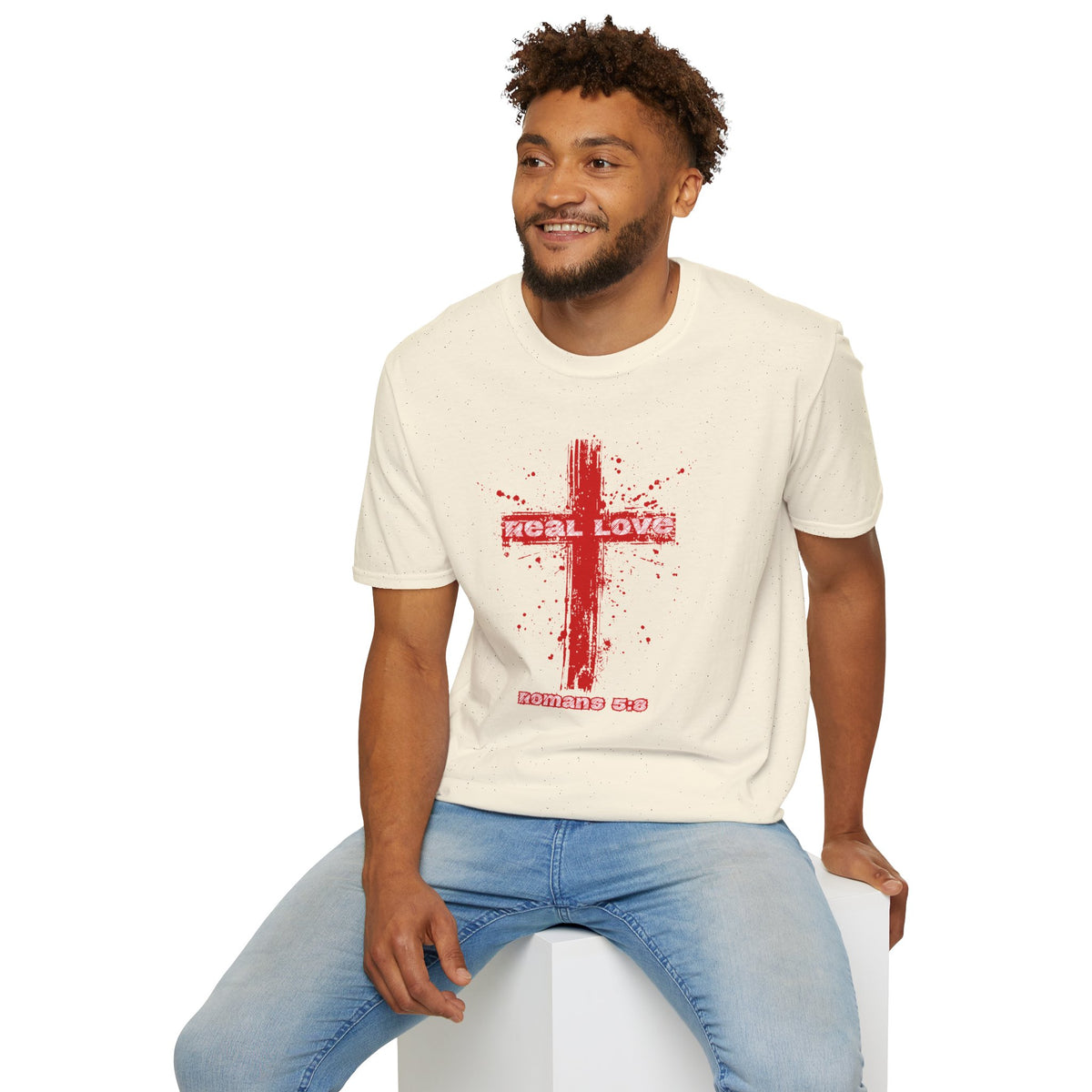 Real Love Gildan Softstyle Cross T-Shirt | Romans 5:8 Unisex Scripture Art Tee