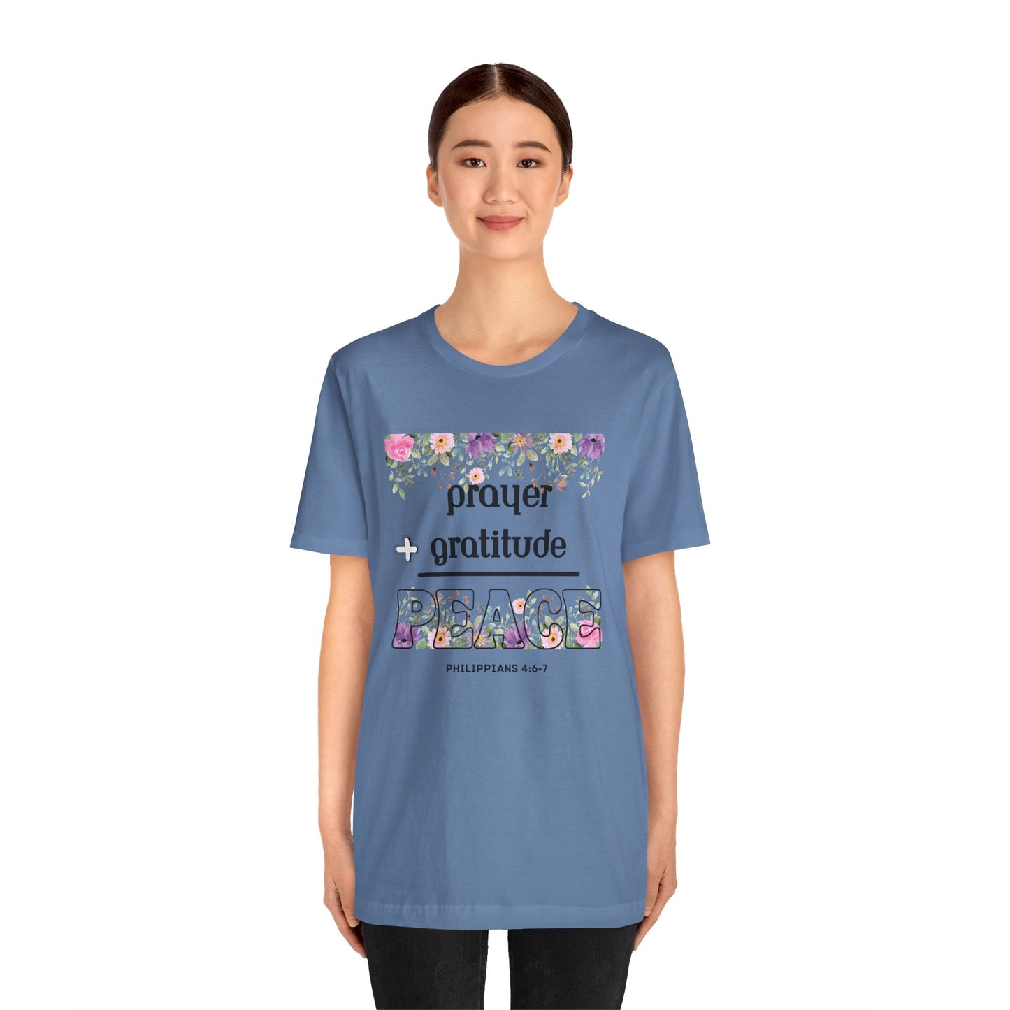 Prayer Plus Gratitude Equals Peace Bella Canvas T-Shirt | Philippians 4:6-7 Scripture Art Tee