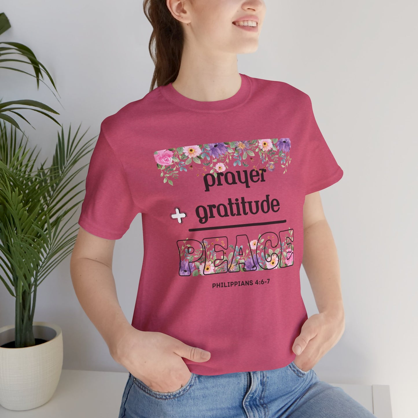 Prayer Plus Gratitude Equals Peace Bella Canvas T-Shirt | Philippians 4:6-7 Scripture Art Tee