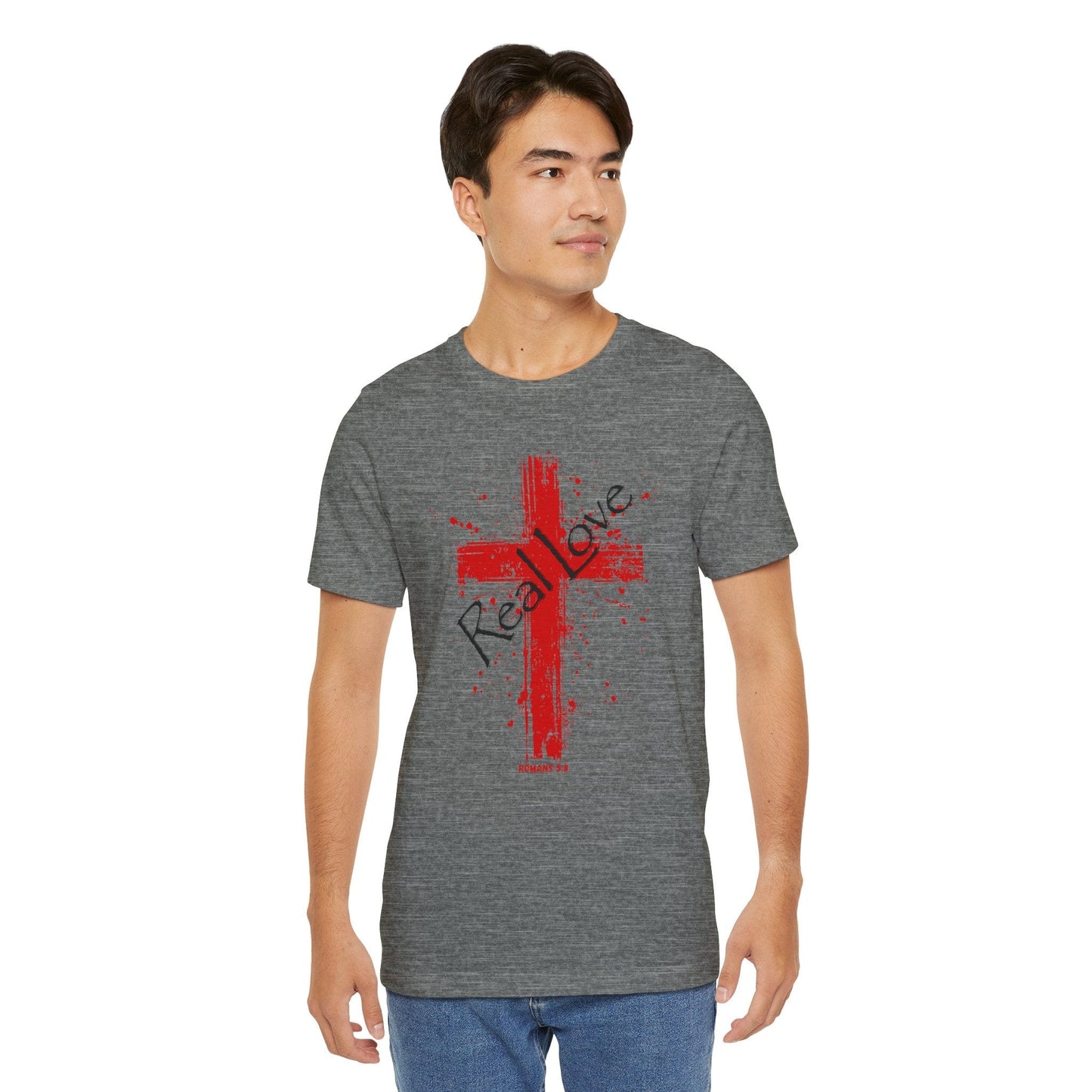 Romans 5:8 “Real Love” Cross Design – Christian T-Shirt