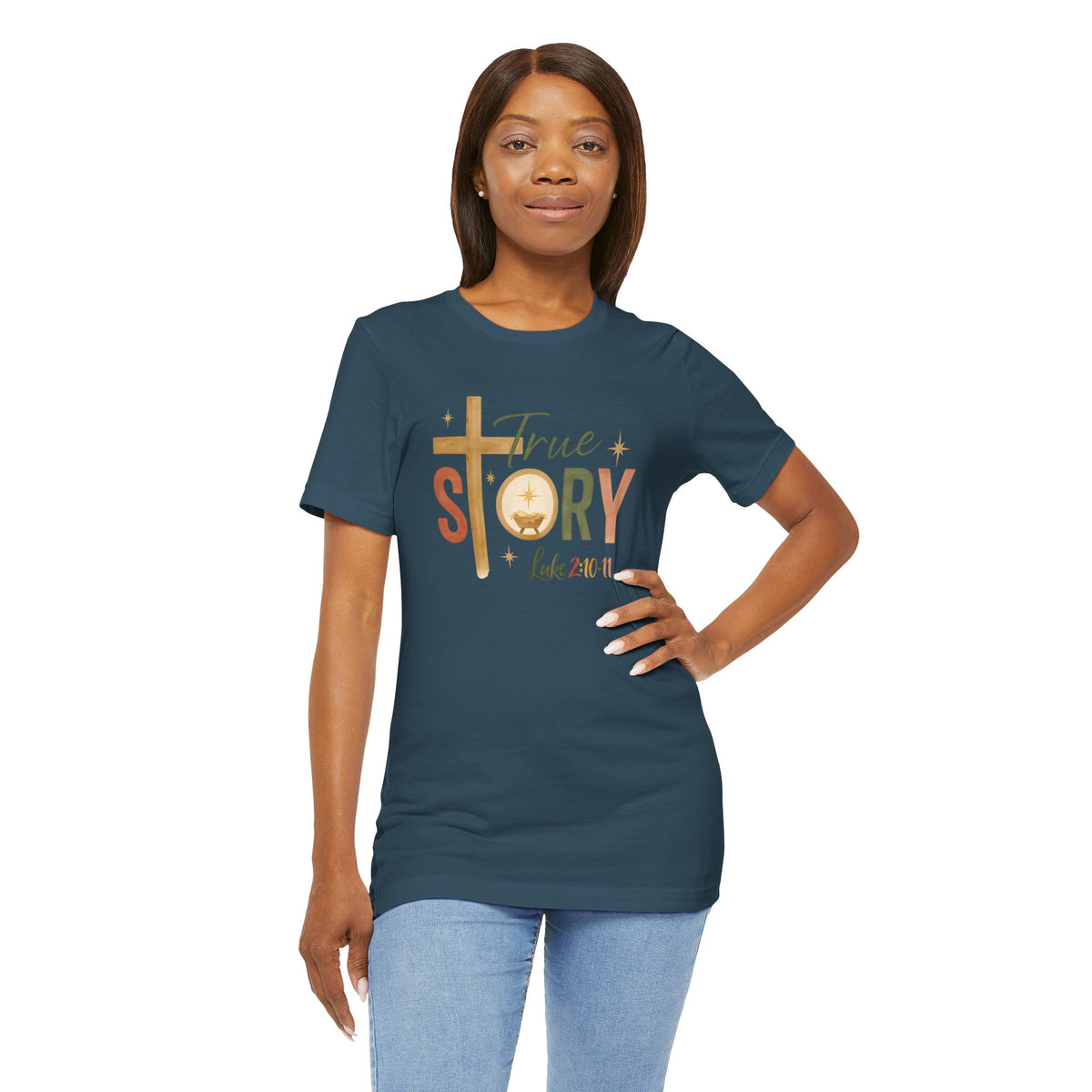 True Story – A Savior Is Born Bella Canvas Christmas T-Shirt | Luke 2:10–11 Scripture Art Tee