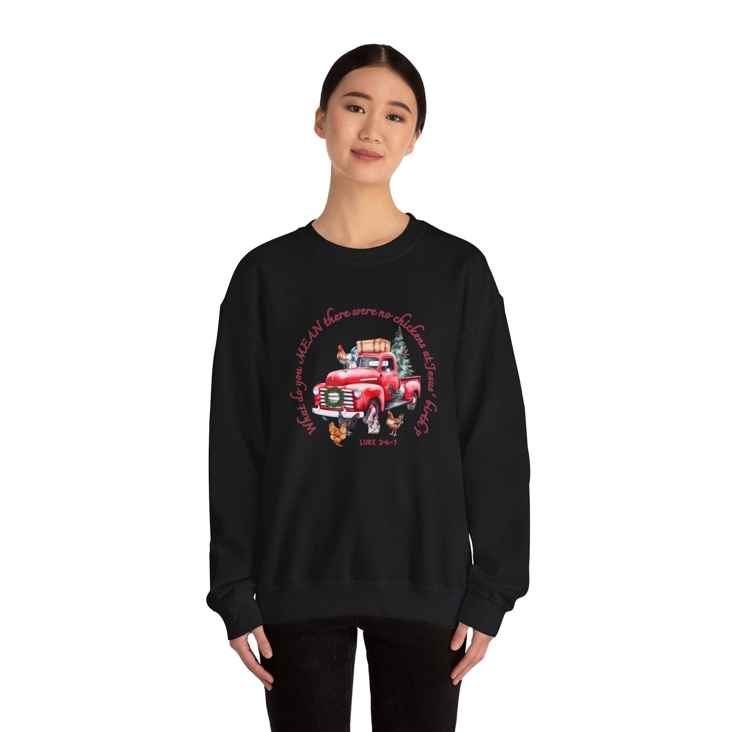 Funny Christian Christmas Sweatshirt – “What Do You Mean No Chickens at Jesus’ Birth?” | Luke 2:6–7