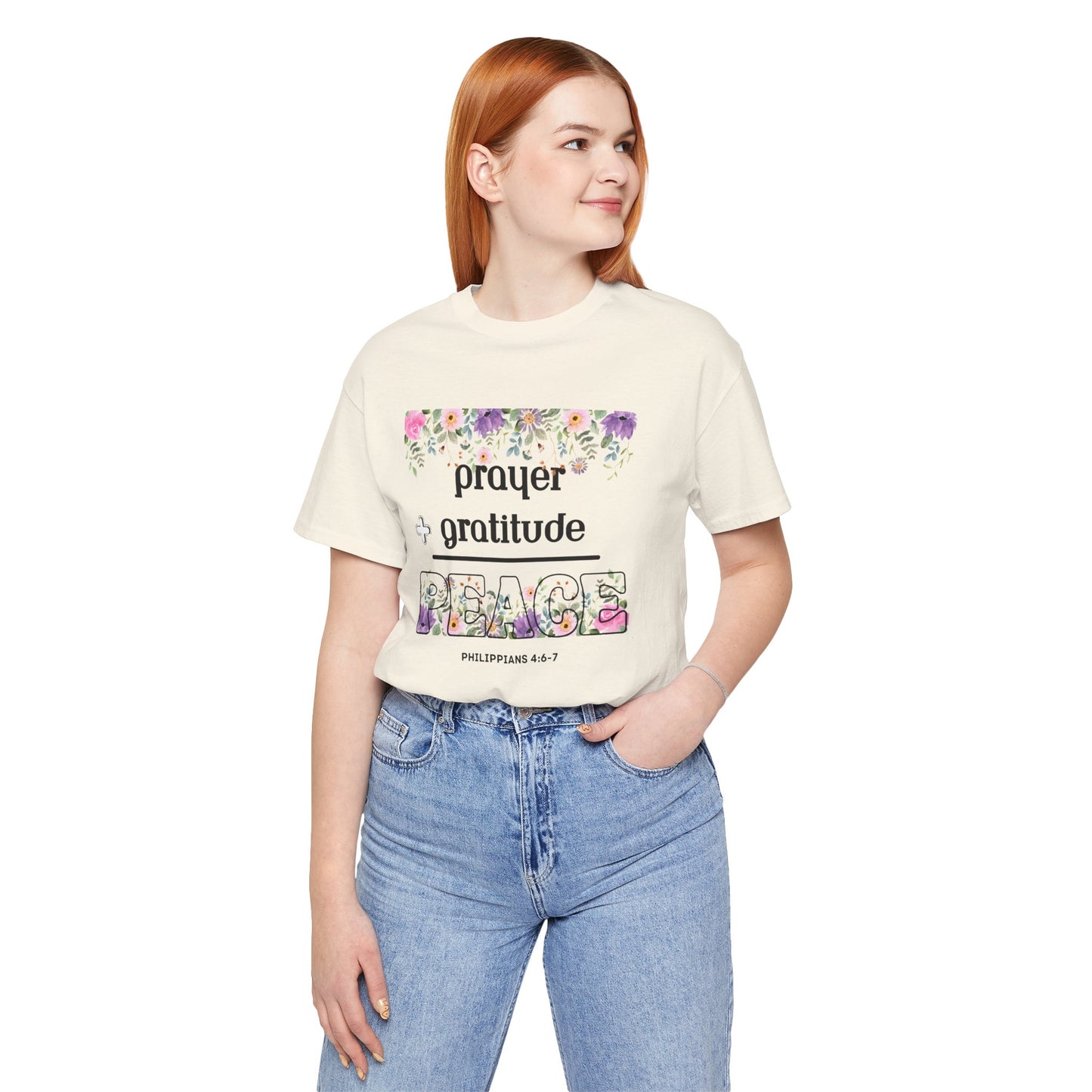Prayer Plus Gratitude Equals Peace Bella Canvas T-Shirt | Philippians 4:6-7 Scripture Art Tee