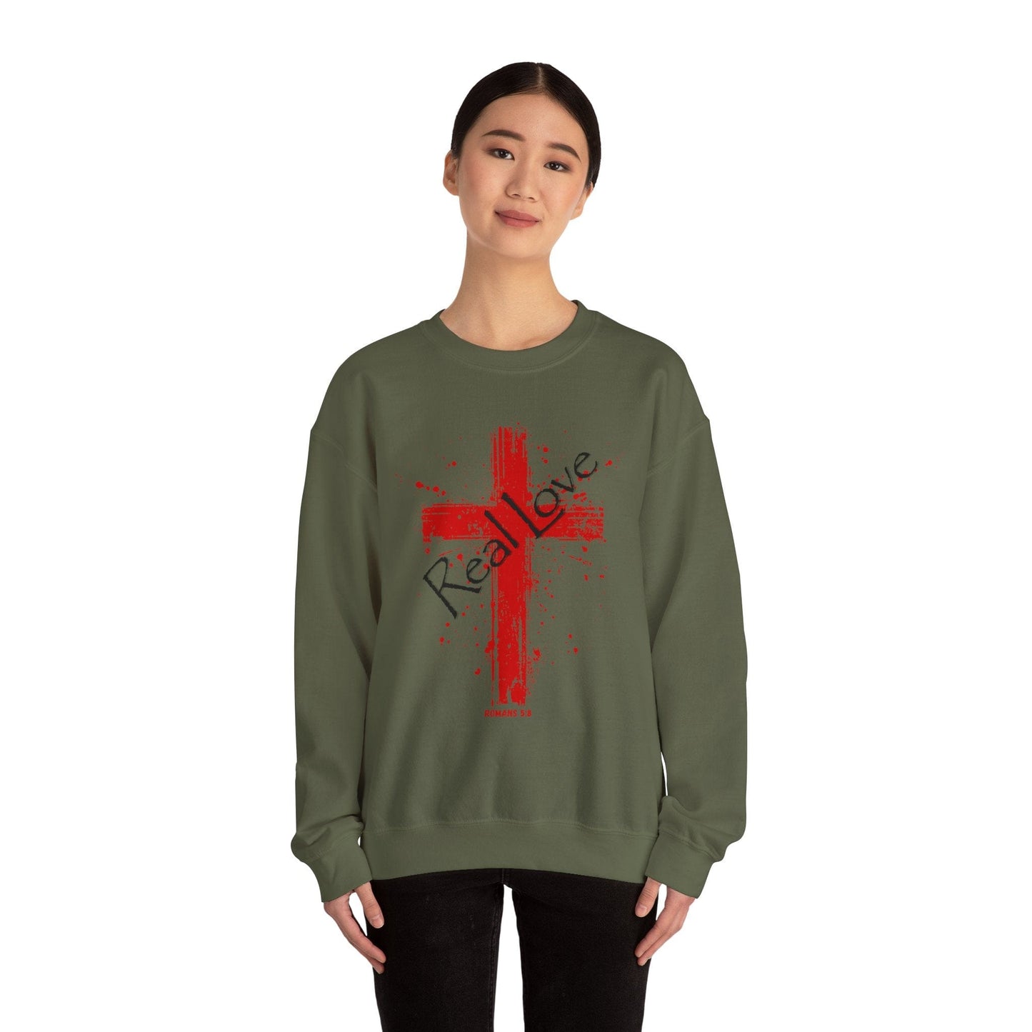 Romans 5:8 “Real Love” Christian Cross Sweatshirt