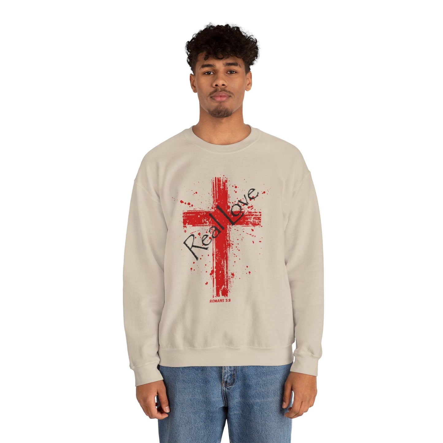 Romans 5:8 “Real Love” Christian Cross Sweatshirt