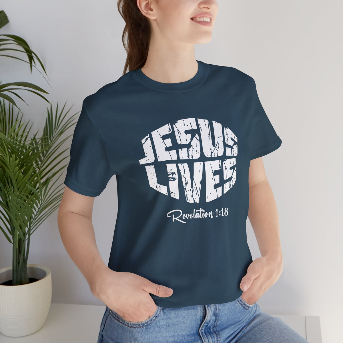 Jesus Lives Bella Canvas T-Shirt | Revelation 1:18 Scripture Art Tee
